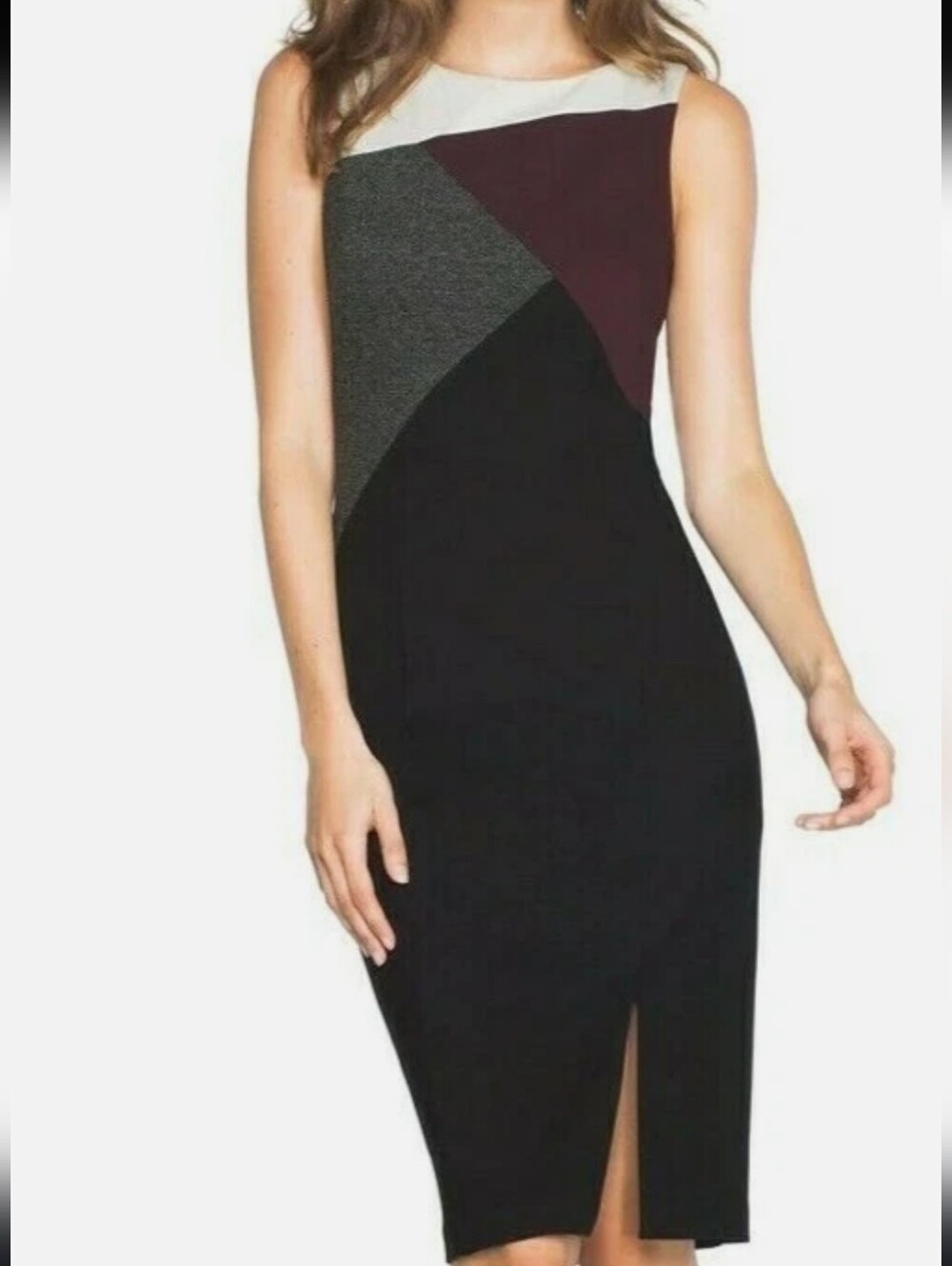 WHBM Colorblock Midi Sheath Dress in Black, Burgundy & Gray Fitted Silhouette M - Picture 3 of 12